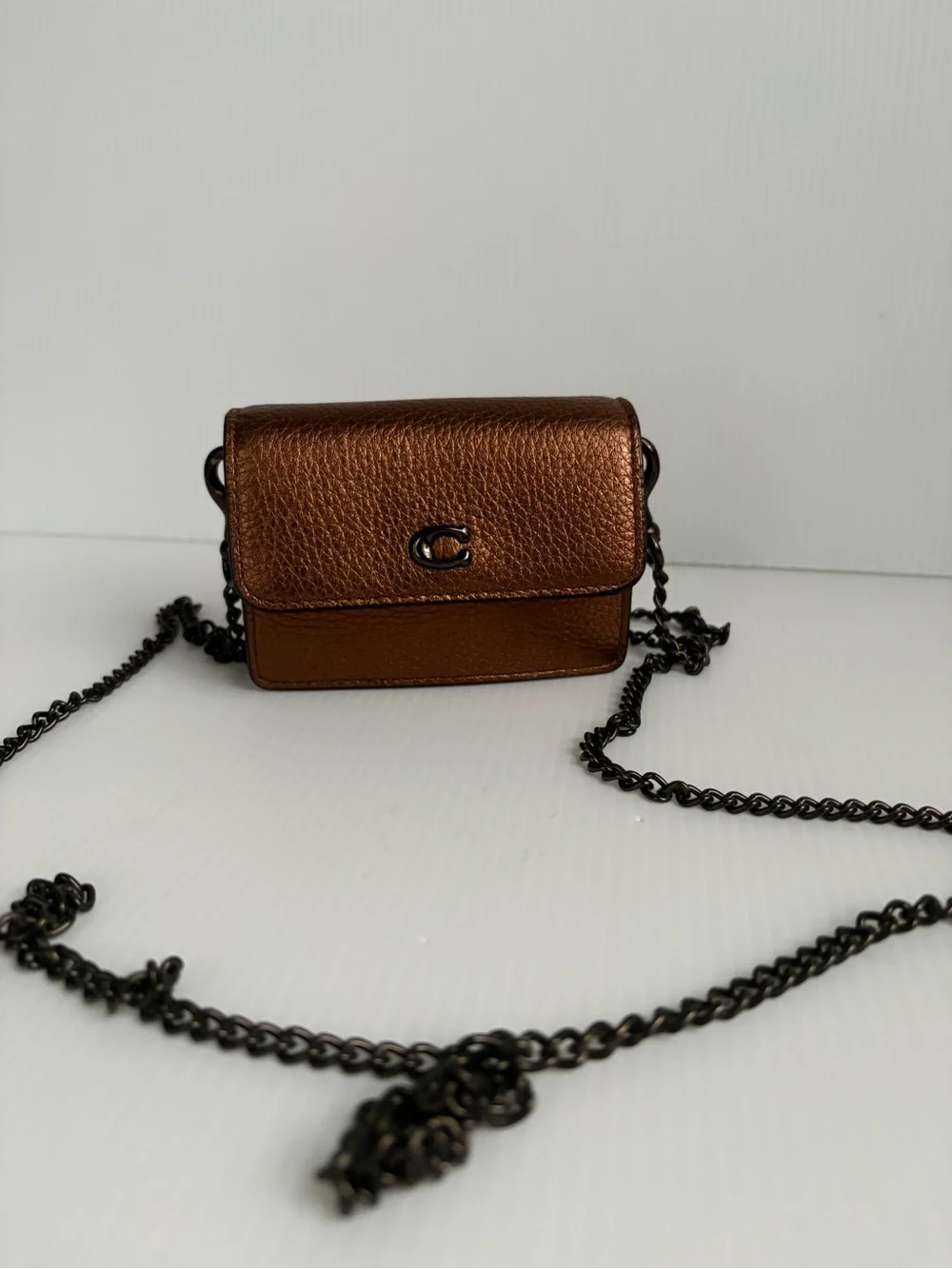 Coach Half Flap card Case Crossbody Bag Pewter Metallic Bronze Chain Strap NWOT